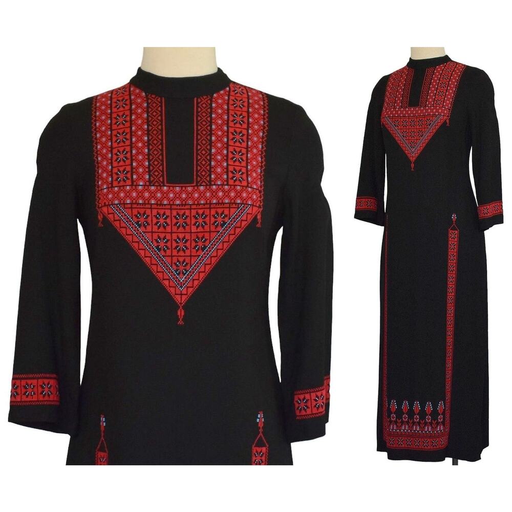 Vintage 70s Kaftan Ethnic Hand Embroidered Maxi Dress, Size XS, Extra Small